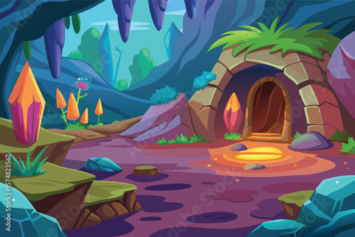 Enchanting cave entrance with glowing crystals and colorful flora