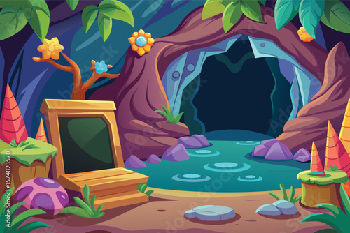 Enchanting cave entrance with mysterious glowing pool and fantasy flora