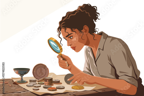 Woman Archaeologist Examining Ancient Artifacts with Magnifying Glass