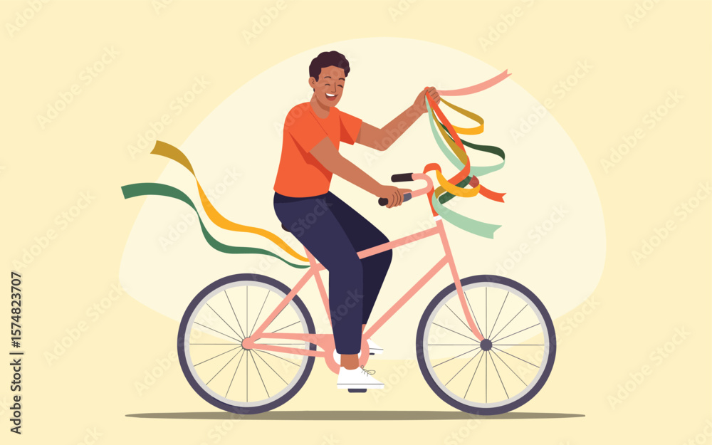 Fototapeta premium Joyful Cyclist Riding Bicycle with Colorful Ribbons