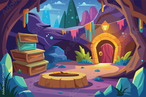 Magical cave entrance with books and a campfire