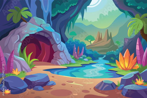 Mystical cave entrance with a vibrant alien landscape and flowing river