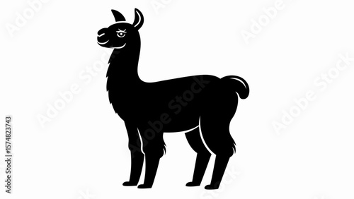Silhouette of a llama standing with a slight smile on its face and a small tail in a simple design