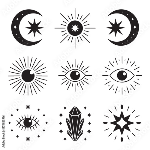 A celestial set of mystic symbols including moons, stars, sunbursts, eyes, and crystals isolated on white