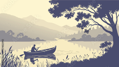 Serene Lakeside Solitude: Man Rowing Boat at Dawn, Calm Water, Misty Mountains, Silhouette Style, Peaceful Atmosphere, Tranquil Nature Scene, Vector Illustration.
