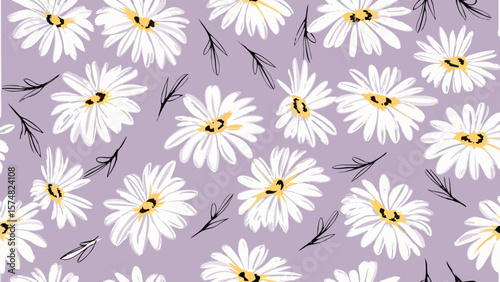 Seamless pattern of white daisies with yellow centers and black leaves on a light purple background