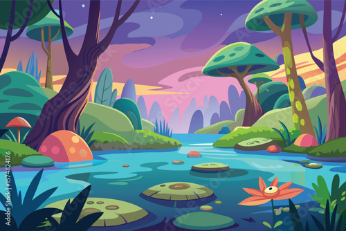 Enchanting alien landscape with surreal flora and a vibrant twilight sky