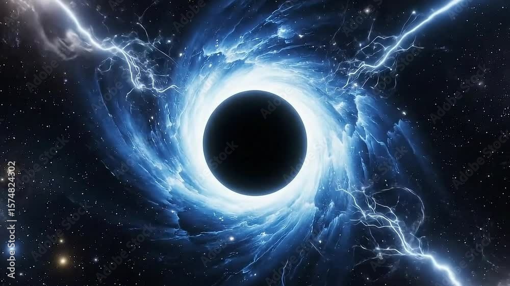 A powerful black hole dominates deep space, its immense gravity distorting a swirling vortex of light, while being struck by dramatic bolts of cosmic lightning.

