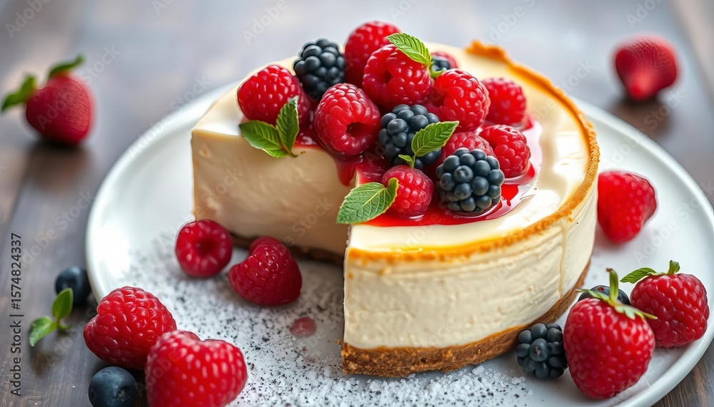 Creamy New York style cheesecake topped with fresh red berries, summer dessert, isolated Creamy New York style cheesecake topped with fresh red berries, summer dessert, isolated