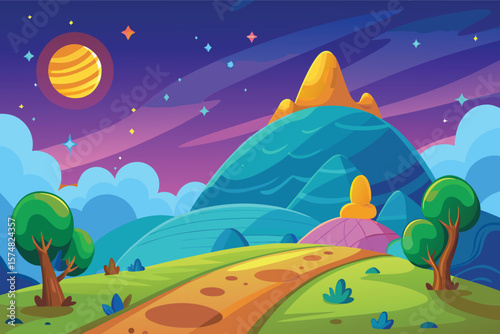 Whimsical alien landscape with a striped planet and starry sky