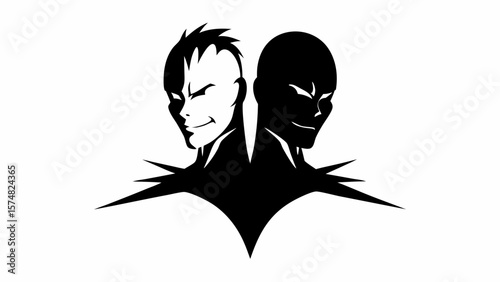 Two faces in black and white showing duality with one light and one dark side in a monochrome design