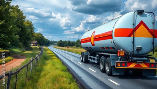 Large tanker truck carrying hazardous materials on rural road, spill, liquid