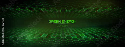 Hexagon pattern net with green abstract technology background and digital texture. Futuristic honeycomb concept for medical, 3D network energy applications. Modern tech design featuring turquoise hex.