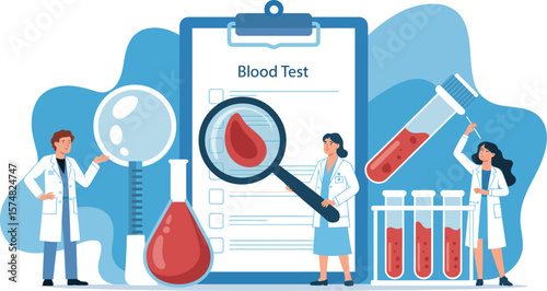 Illustration of doctors analyzing blood test results with test tubes and magnifying glass



