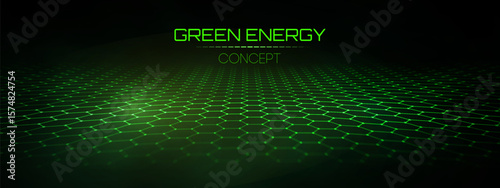 Green hexagon net pattern background with abstract technology texture and digital light effects. Futuristic honeycomb science concept, medical or 3D network designs. Geometric vector grid energy wave.