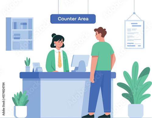 Illustration of a woman behind a counter helping a man in a counter area with plants around it


