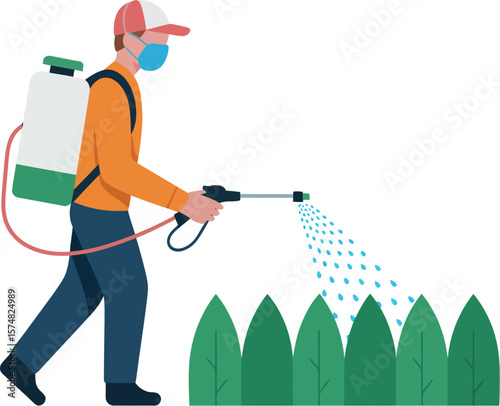 A man wearing a mask and backpack spraying liquid on plants with a sprayer in a vector illustration



