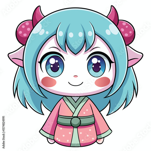 Cute anime girl with light teal hair, large eyes, and a pink kimono