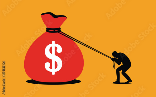 Struggling with money financial burden debt and economic hardship pulling heavy money bag concept 