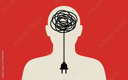 Mental health concept illustration of tangled thoughts brain with plug on red background art