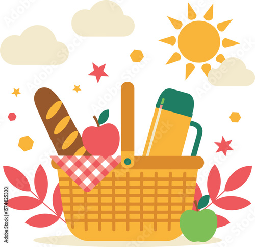 A picnic basket filled with bread, apples, and a thermos under a sunny sky with clouds and stars


