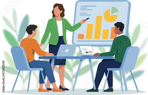 A woman presenting a chart to two colleagues sitting at a table with laptops in a meeting room


