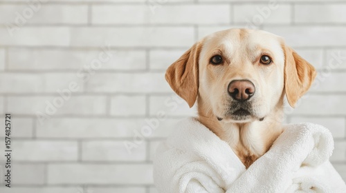 Adorable labrador retriever wrapped in a soft white towel after a luxurious spa treatment, conveying pet pampering and wellness