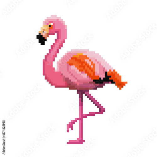 Pixel art flamingo standing on one leg with colorful feathers  