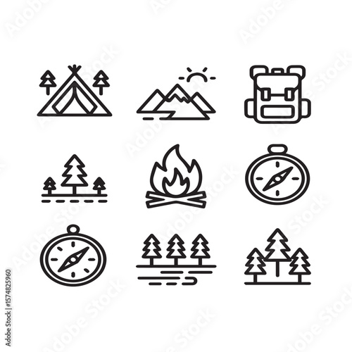 A set of simple line icons depicting various elements of camping and outdoor exploration