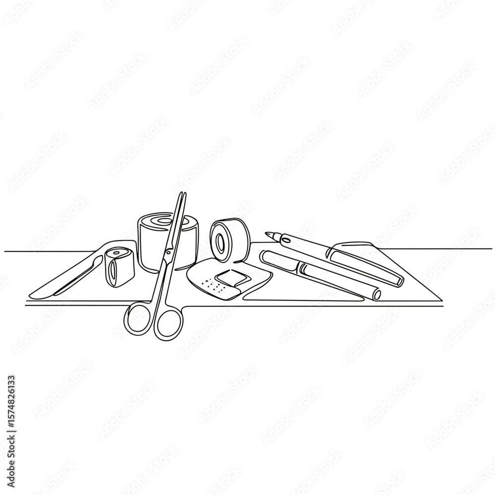 Fototapeta premium Medical scissors and bandages on table with pens and tape