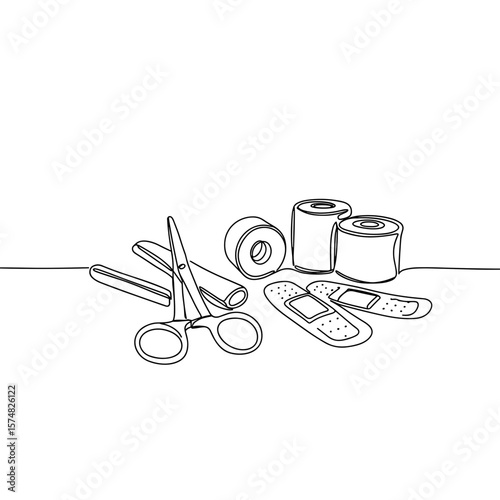 Medical scissors and bandages on table in minimal line art style  