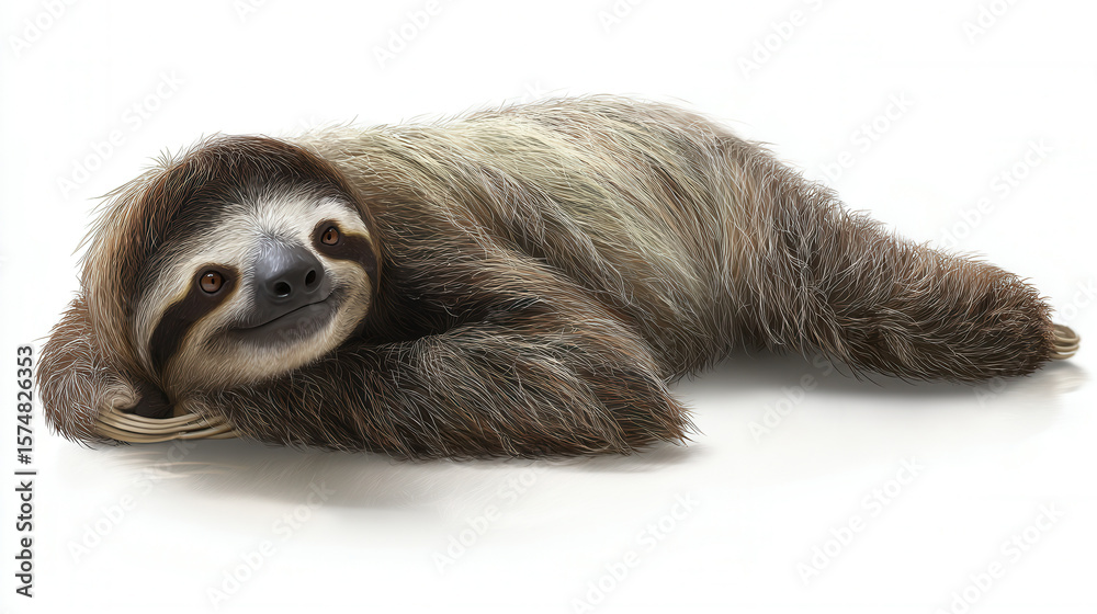 Fototapeta premium Realistic sloth lounging peacefully on its side against a clean white background in exquisite detail and vibrant colors