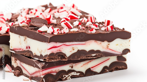Peppermint bark stacks decadently, featuring chocolate, white chocolate layers, and peppermint candy pieces, perfect for festive holiday treats. photo