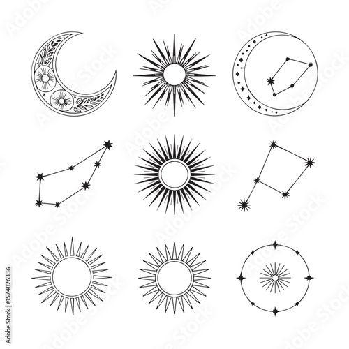 A celestial collection of sun, moon, and constellation icons, perfect for mystical and astrological designs
