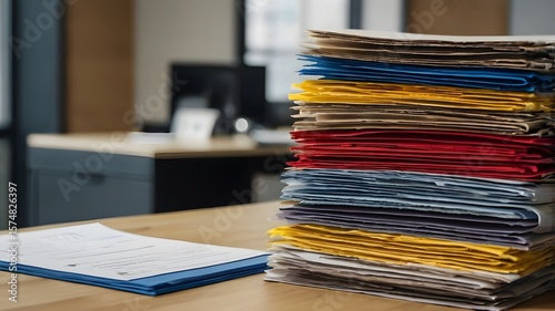stack of file stacked on top of each other placed on the table red yellow blue color file visible office environment window can be seen behind  a form place beside the file 