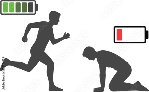 Energy levels comparison running vs exhaustion full battery vs low battery fitness health lifestyle concept