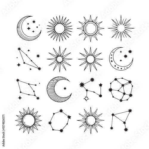An expansive grid of celestial icons featuring suns, moons, stars, and constellations