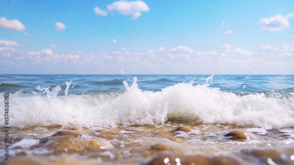 Fototapeta premium Foamy waves crash on a sandy shore, with a clear sky above