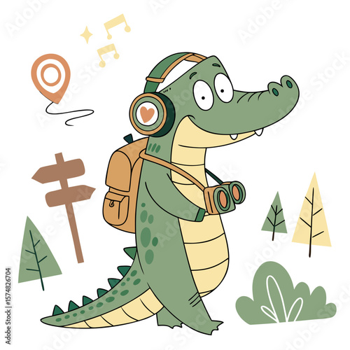 Cute Loving Alligator, accessorized with wearing headphones, in a Forest adventure world – Evergreen Trails palette vector