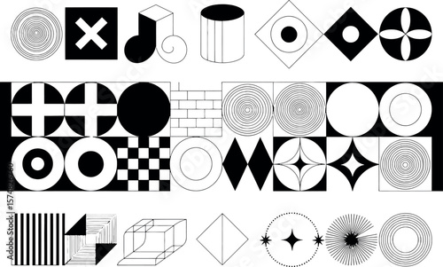 Geometric shapes in black white and arranged in a grid pattern on a white background
