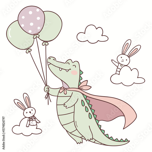 Vector illustration of a Amused Alligator with wearing a cape, styled in a Soft pastel theme using Soft Pastel colors