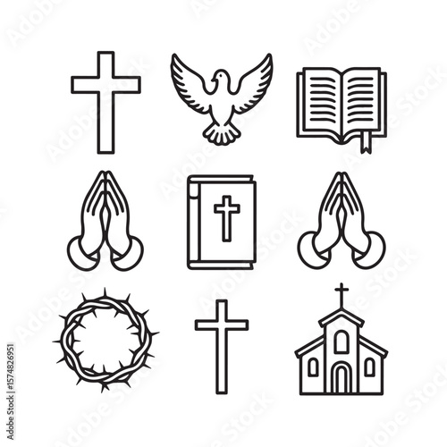 A collection of christian religious symbols including crosses, a dove, a bible, praying hands, and a church