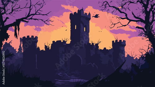 Twilight Ruined Castle with Shadow, Mystical Historical Architecture Photography