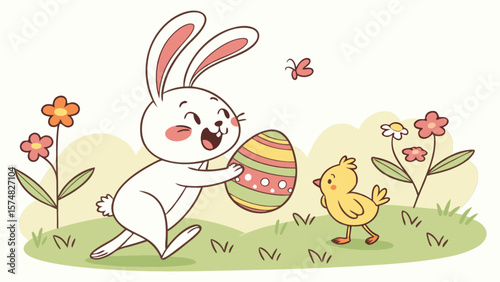 Cute easter bunny with easter egg and chick in spring illustration for easter holiday season vector art