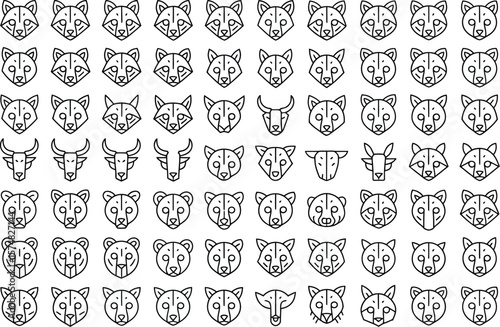 A repeating pattern of stylized animal heads including raccoons bears bulls and cheetahs on white


