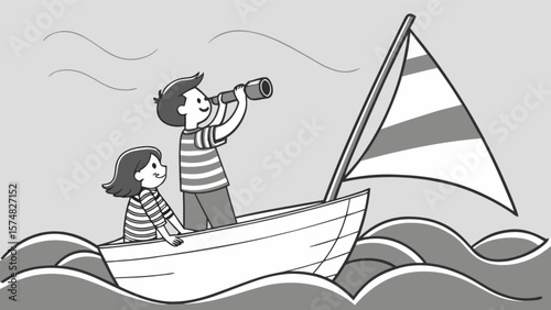 Children sailing boat adventure vector art illustration stock image for kids nautical design and fun trip drawing