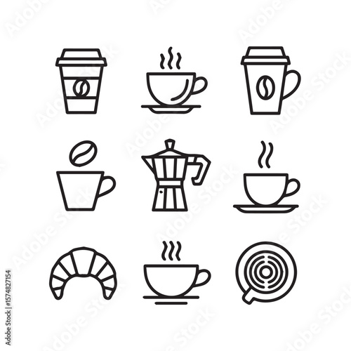 A collection of coffee and breakfast icons featuring cups of coffee, croissants, and coffeemaking equipment