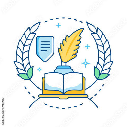 Symbol of literature and knowledge with quill and laurel wreath