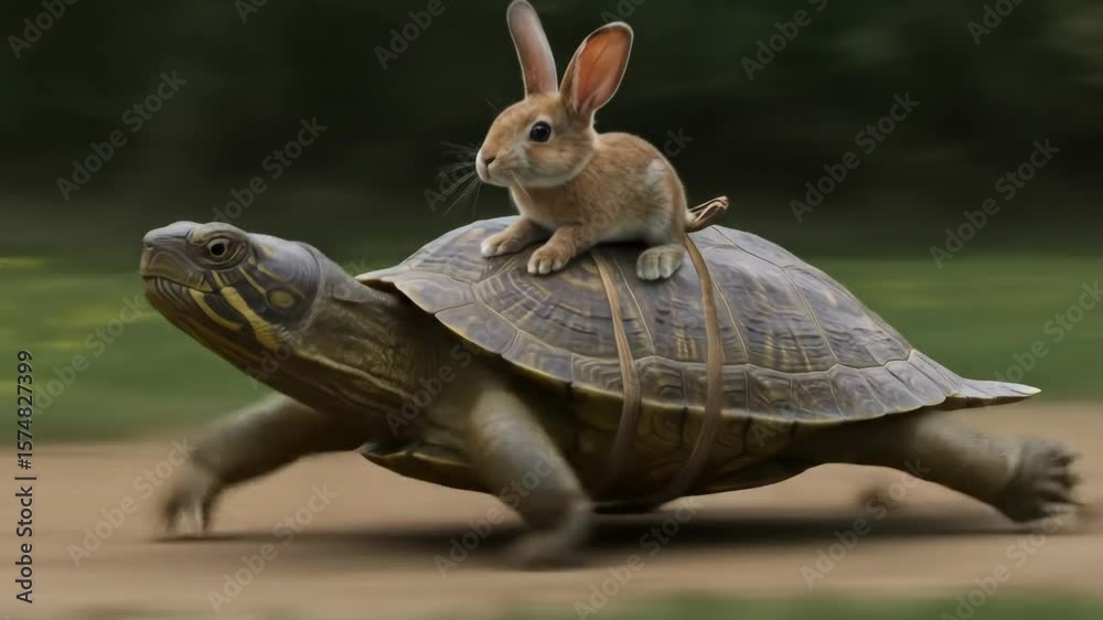 Rabbit Riding a Turtle in a Race - A brown rabbit sits atop a turtle's shell as they race across a dirt path. The turtle is moving quickly, and the rabbit appears to be enjoying the ride.