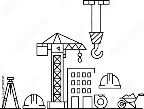 Construction site elements including a crane building hard hats and surveying equipment